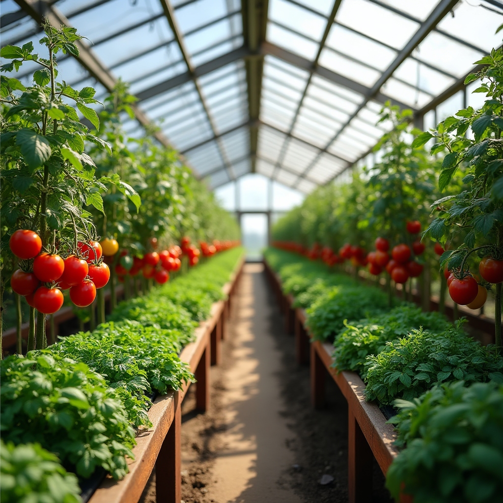 Blick in ein Gewächshaus einer regionalen Gärtnerei mit Tomaten und Kräutern